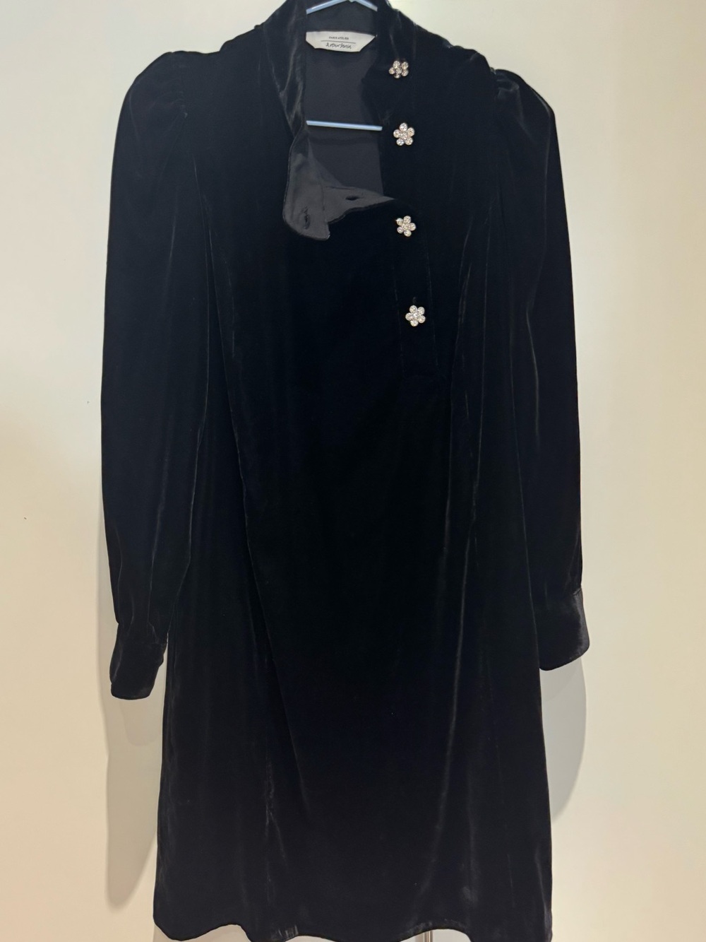 & Other Stories Black Velvet Trench Coat with Floral Rhinestone Buttons